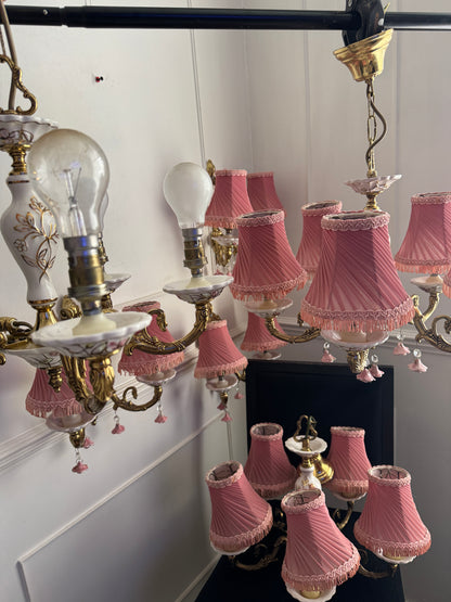 Vintage Capodimonte Chandelier , Wall Lights – Pink Floral Ceramic & Gilt Brass Lighting