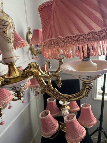 Vintage Capodimonte Chandelier , Wall Lights – Pink Floral Ceramic & Gilt Brass Lighting
