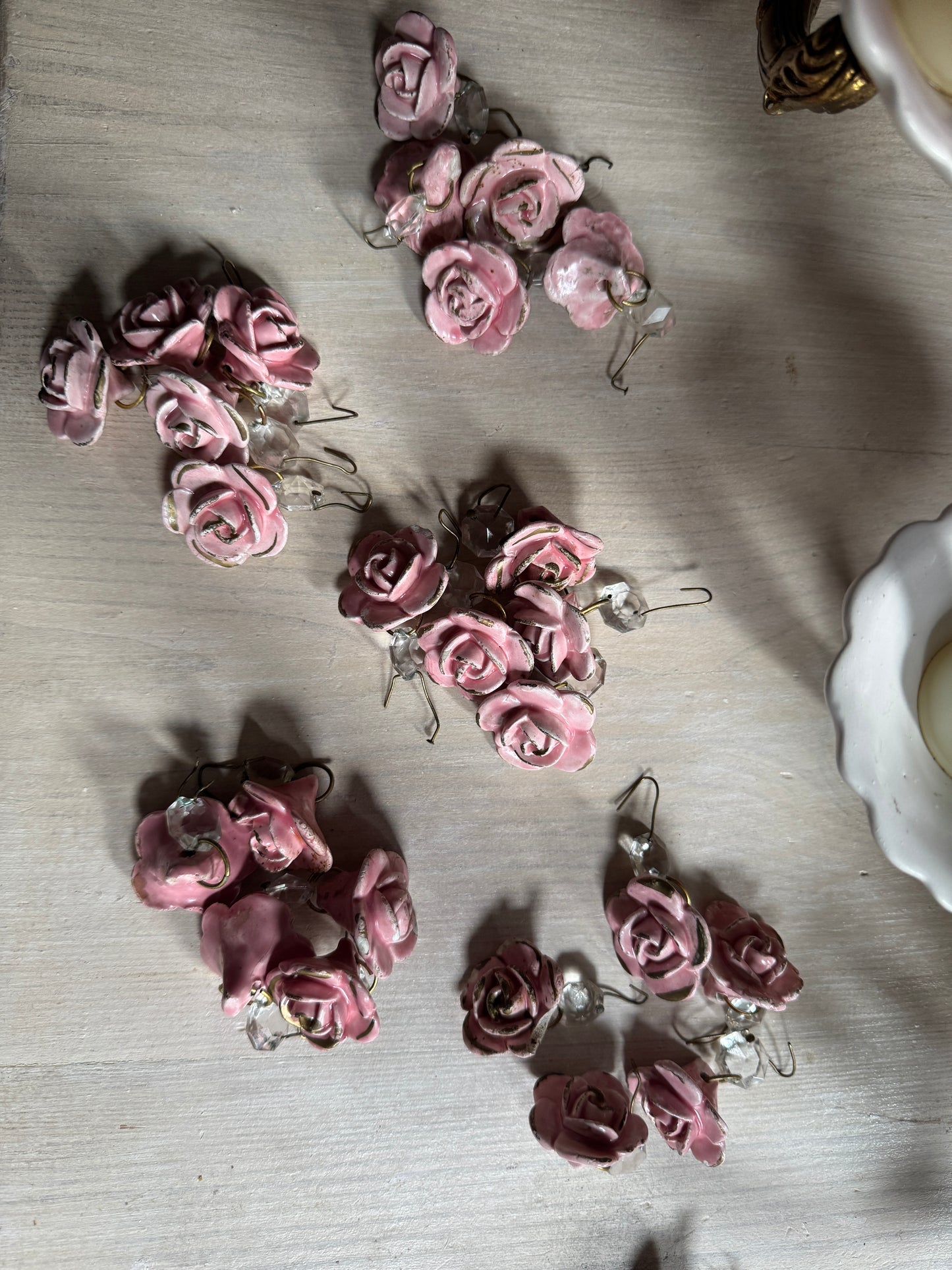 Vintage Capodimonte Chandelier , Wall Lights – Pink Floral Ceramic & Gilt Brass Lighting