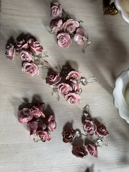 Vintage Capodimonte Chandelier , Wall Lights – Pink Floral Ceramic & Gilt Brass Lighting