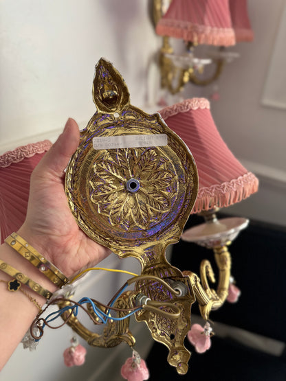 Vintage Capodimonte Chandelier , Wall Lights – Pink Floral Ceramic & Gilt Brass Lighting