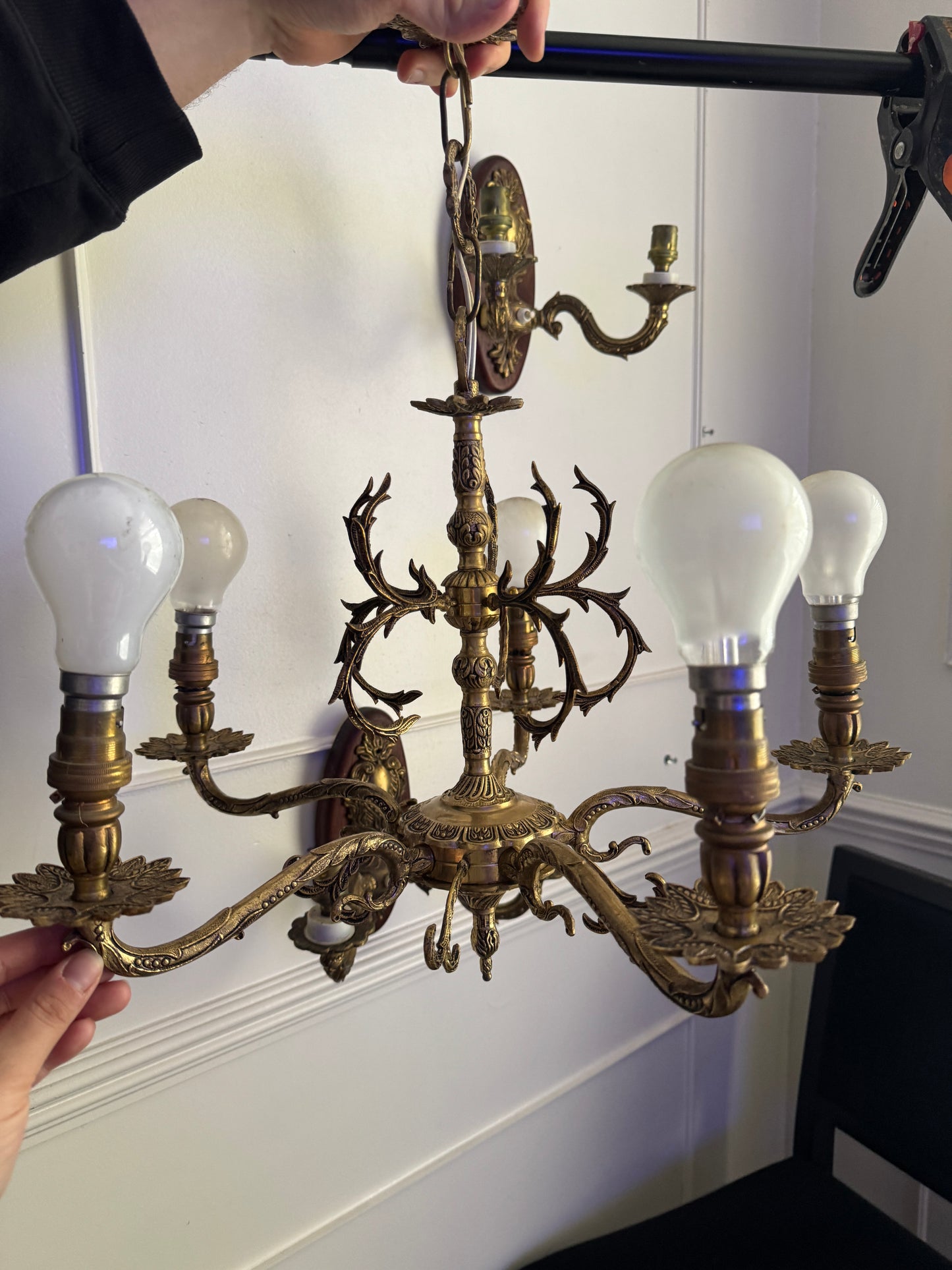 Vintage French Louis Style Solid Brass Chandelier & Wall Lights Set – 5 Arm Ceiling Light