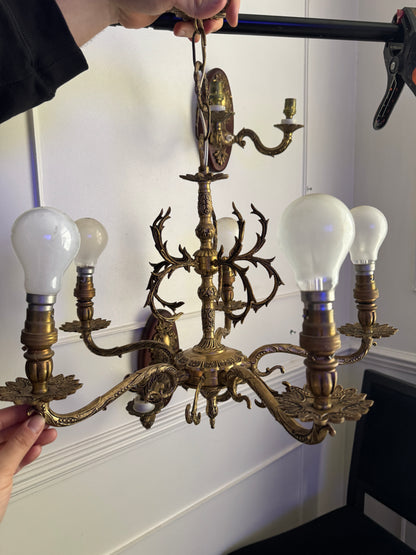 Vintage French Louis Style Solid Brass Chandelier & Wall Lights Set – 5 Arm Ceiling Light