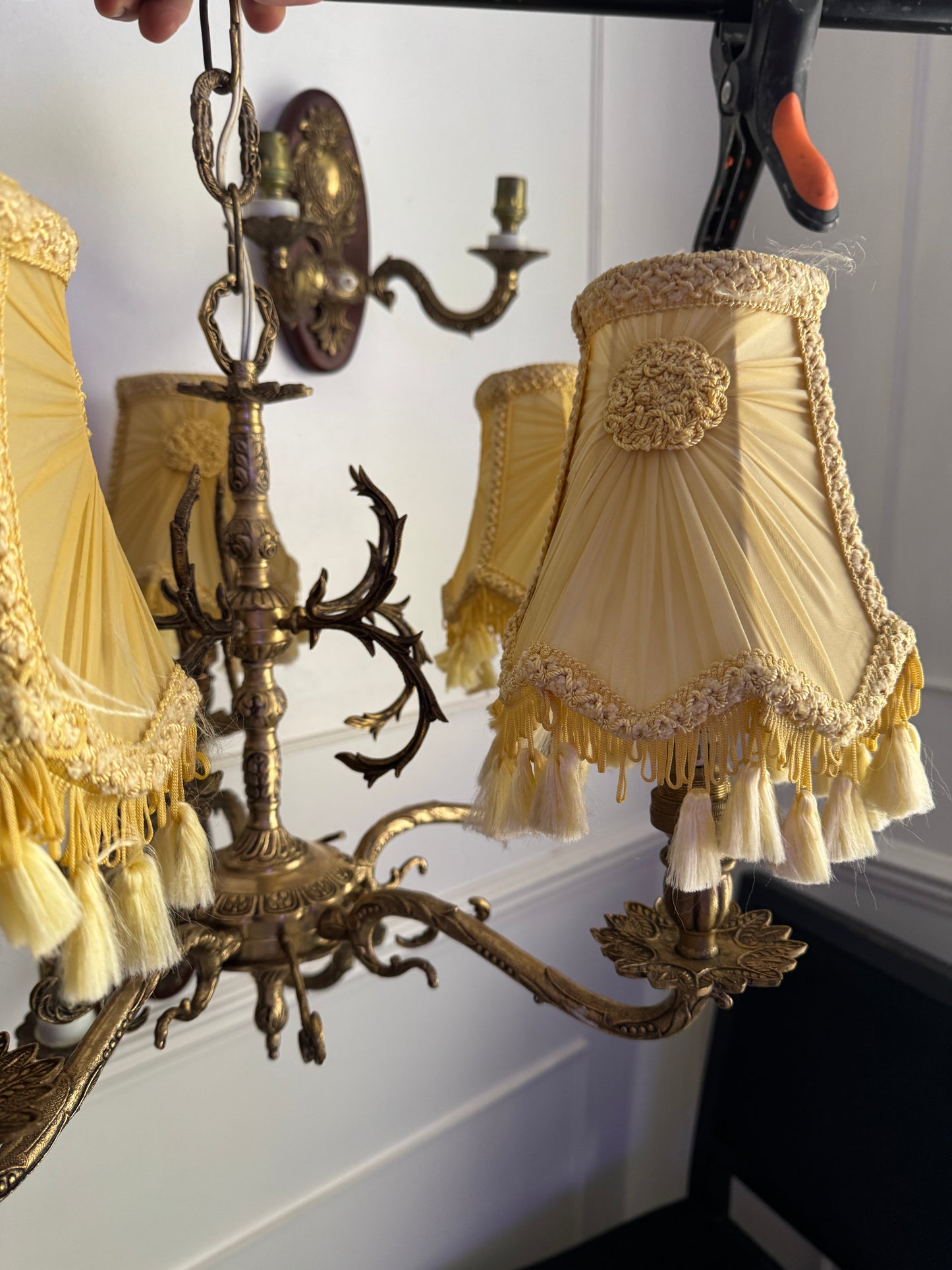 Vintage French Louis Style Solid Brass Chandelier & Wall Lights Set – 5 Arm Ceiling Light