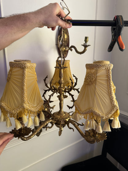 Vintage French Louis Style Solid Brass Chandelier & Wall Lights Set – 5 Arm Ceiling Light