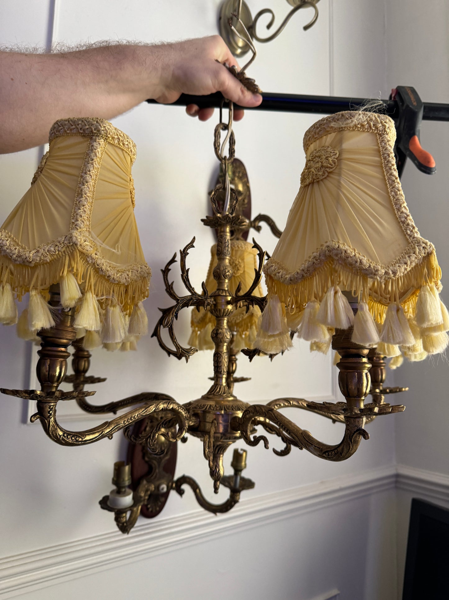 Vintage French Louis Style Solid Brass Chandelier & Wall Lights Set – 5 Arm Ceiling Light
