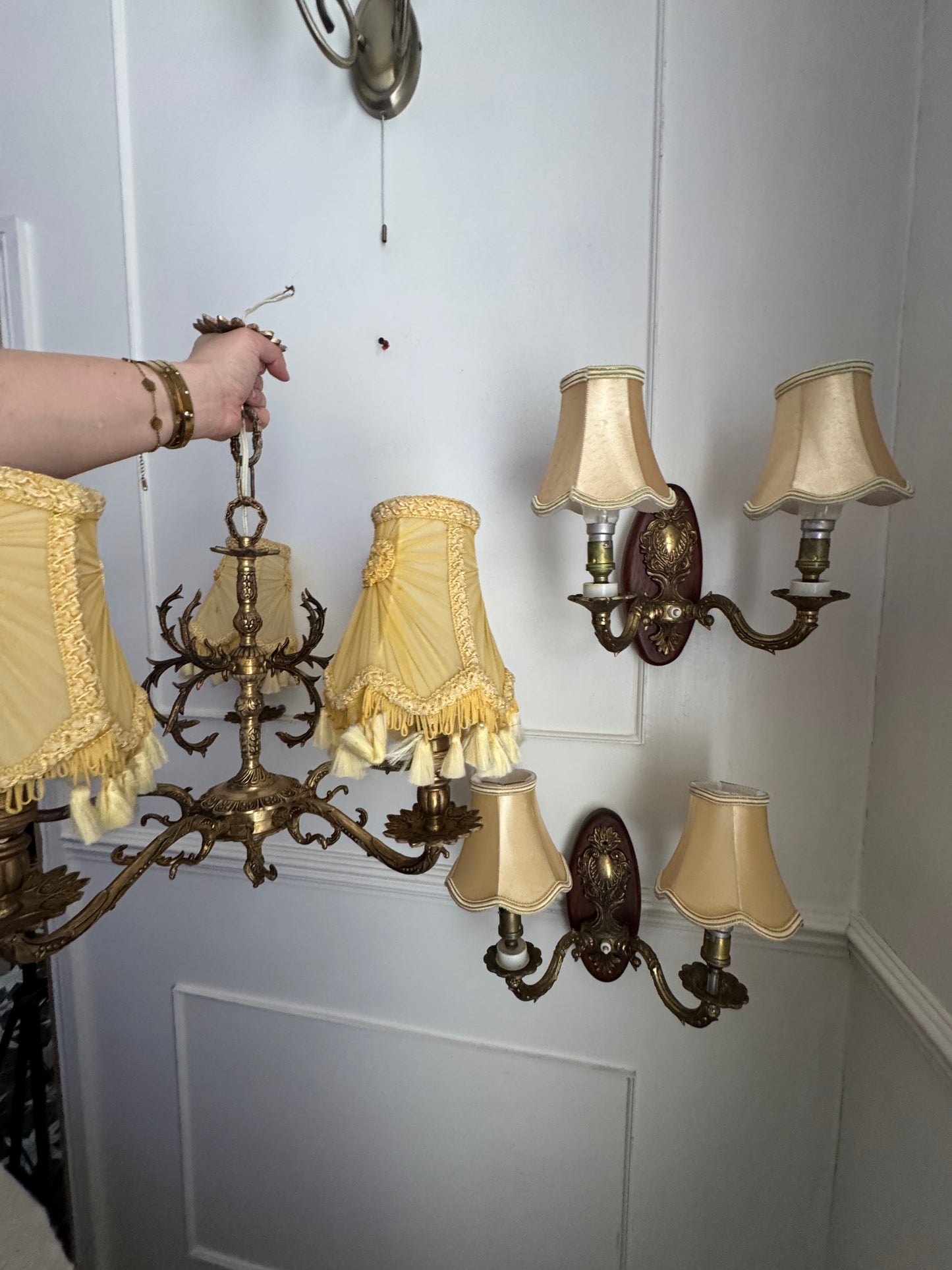 Vintage French Louis Style Solid Brass Chandelier & Wall Lights Set – 5 Arm Ceiling Light