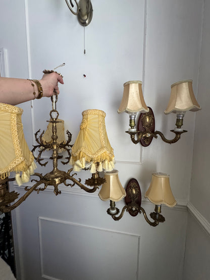 Vintage French Louis Style Solid Brass Chandelier & Wall Lights Set – 5 Arm Ceiling Light