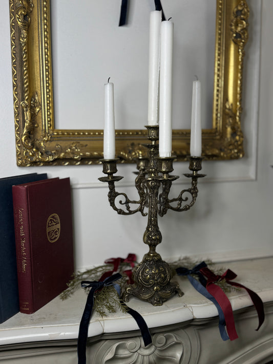 Vintage Rococo Style Brass Candelabra, Large Ornate 5-Arm Candlestick Holder