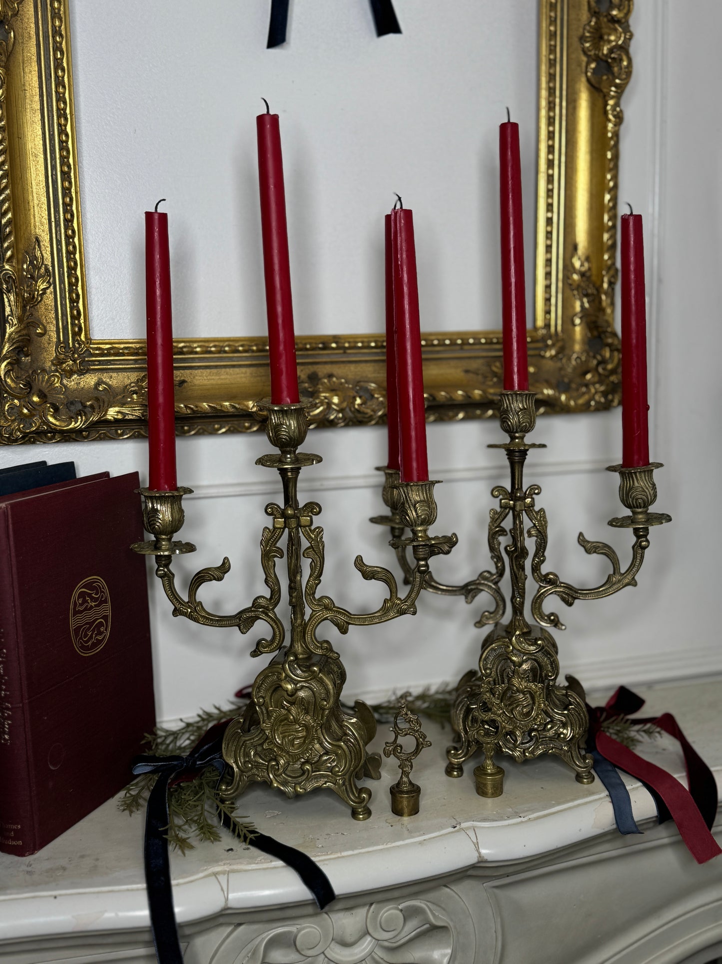 Vintage Rococo Style Brass Candelabra, Ornate 3-Arm Candlestick Holder Pair with Matching Candle Snuffer