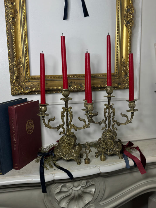 Vintage Rococo Style Brass Candelabra, Ornate 3-Arm Candlestick Holder Pair with Matching Candle Snuffer