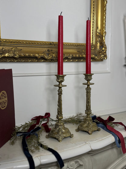 Vintage Rococo Style Heavy Brass Single Candelabra, Ornate Candlestick Holder Pair