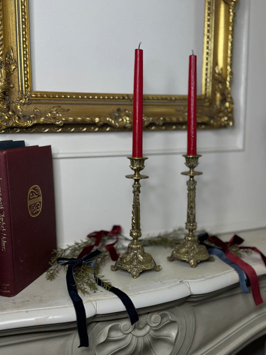 Vintage Rococo Style Heavy Brass Single Candelabra, Ornate Candlestick Holder Pair