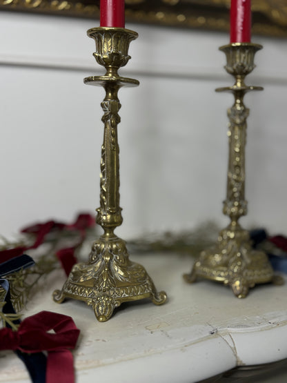 Vintage Rococo Style Heavy Brass Single Candelabra, Ornate Candlestick Holder Pair