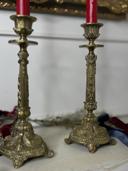 Vintage Rococo Style Heavy Brass Single Candelabra, Ornate Candlestick Holder Pair