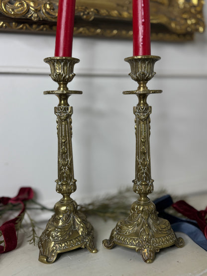 Vintage Rococo Style Heavy Brass Single Candelabra, Ornate Candlestick Holder Pair