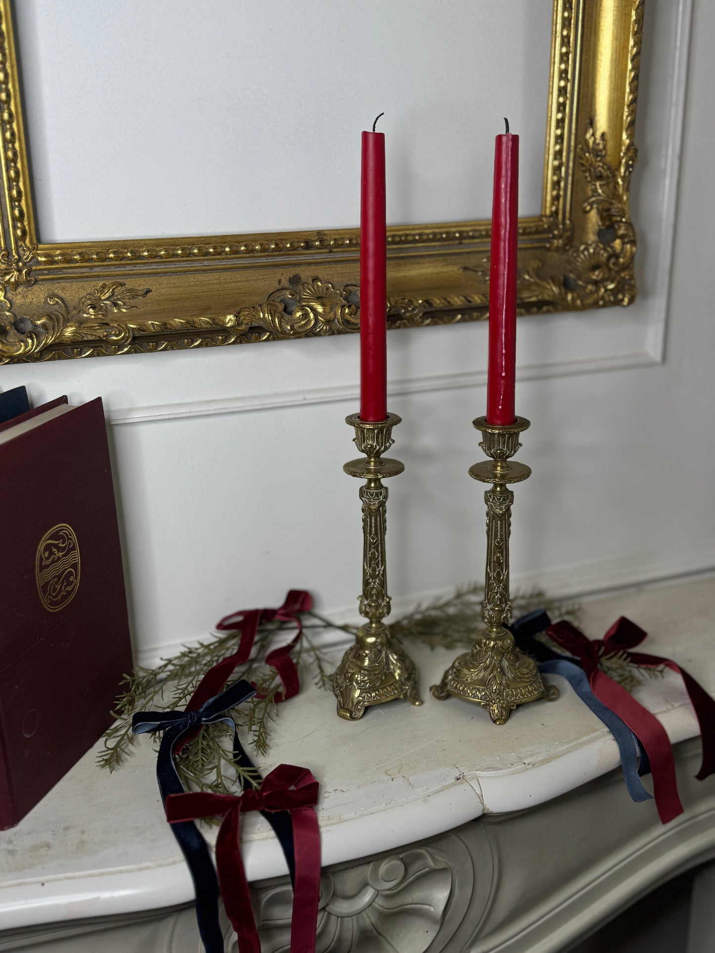 Vintage Rococo Style Heavy Brass Single Candelabra, Ornate Candlestick Holder Pair