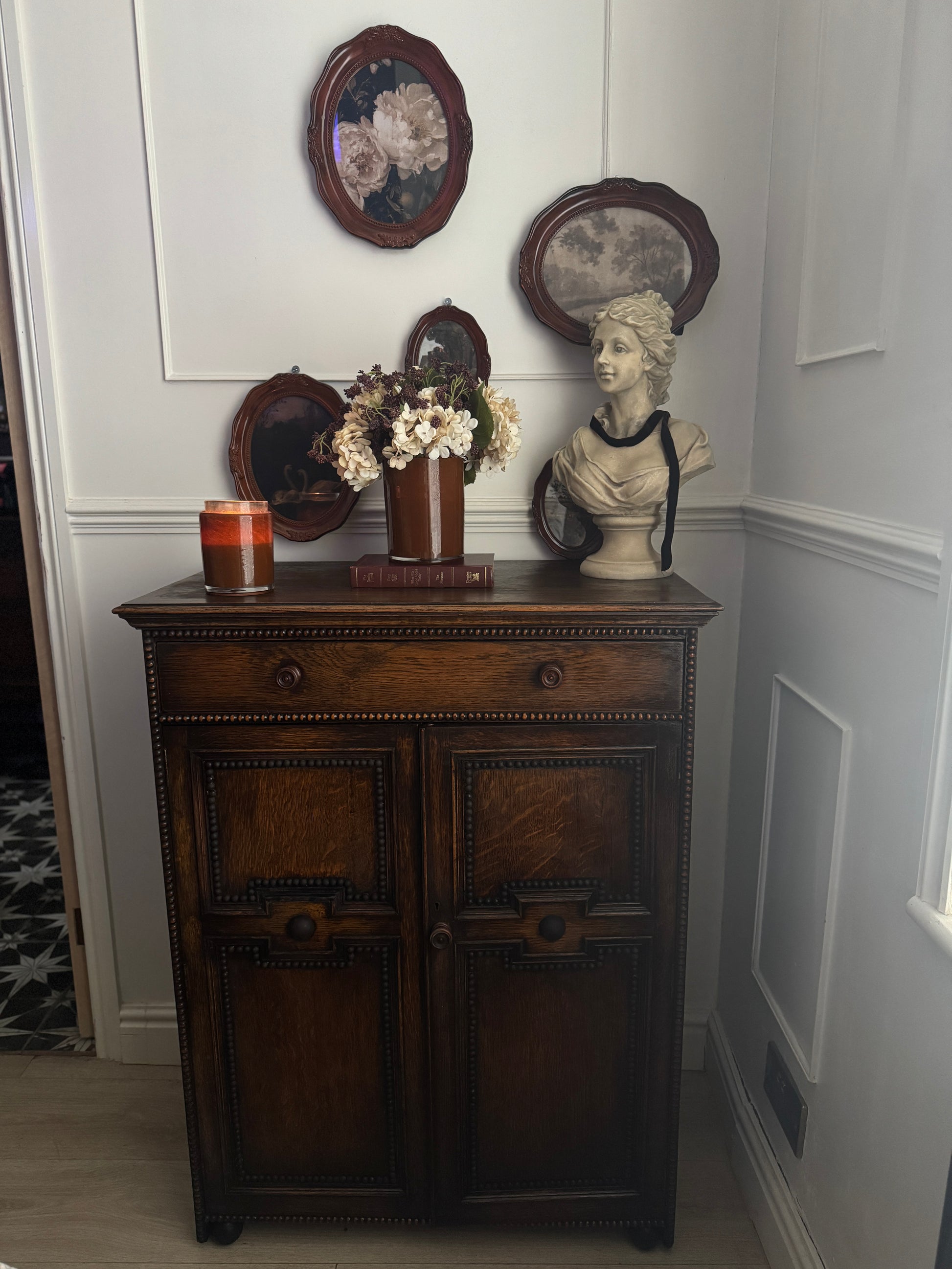 Antique Oak Bobbin Cabinet • Jacobean Style Sideboard • Vintage Storage
