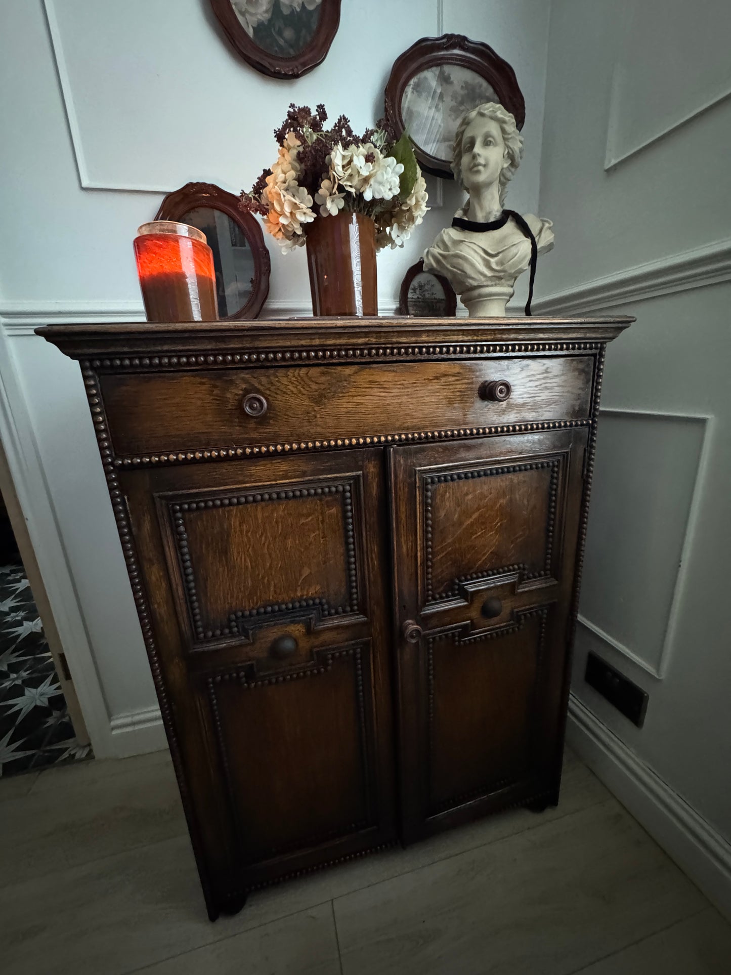 Antique Oak Bobbin Cabinet - Jacobean Style Sideboard