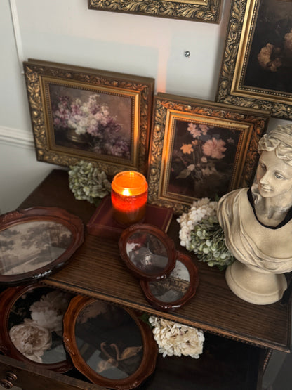 Vintage Brown Resin Ornate Oval Frame Gallery Wall Set with Vintage Style Prints