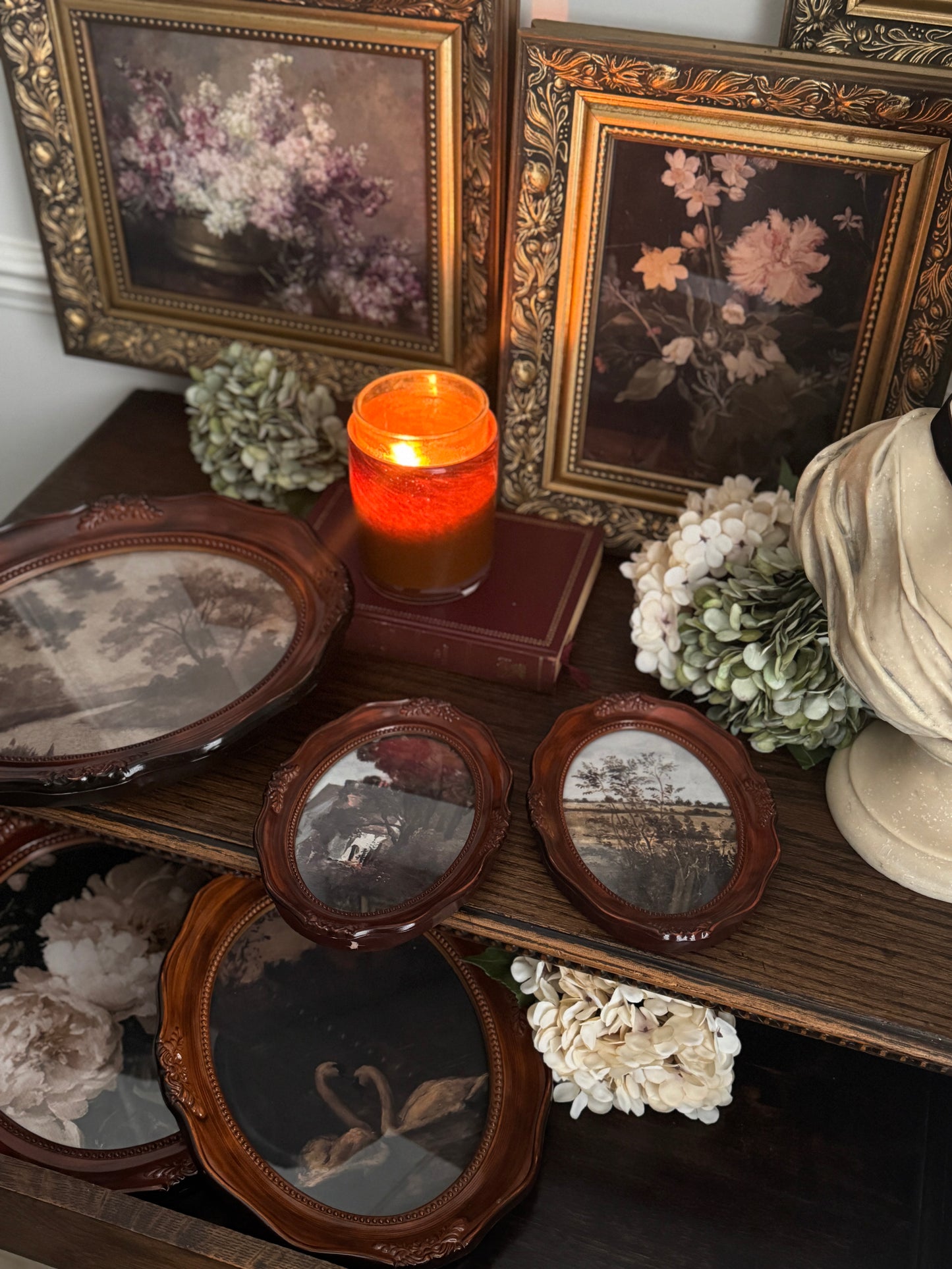 Vintage Brown Resin Ornate Oval Frame Gallery Wall Set with Vintage Style Prints