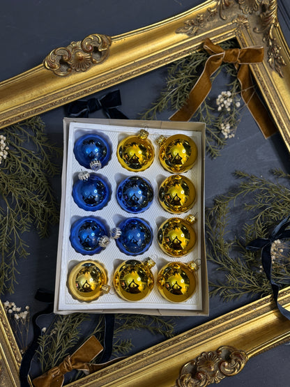 Vintage German Glass Christmas Bauble Set of 12 -Gold & Blue