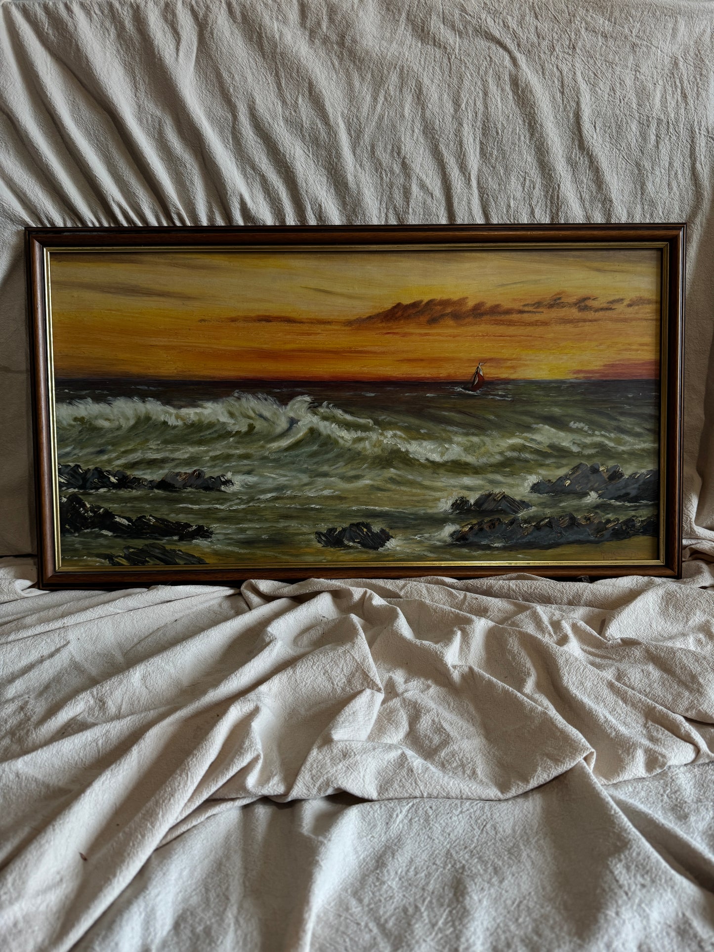 Vintage " Seascape with Rocks " Oil Painting by M.Howarth 1978