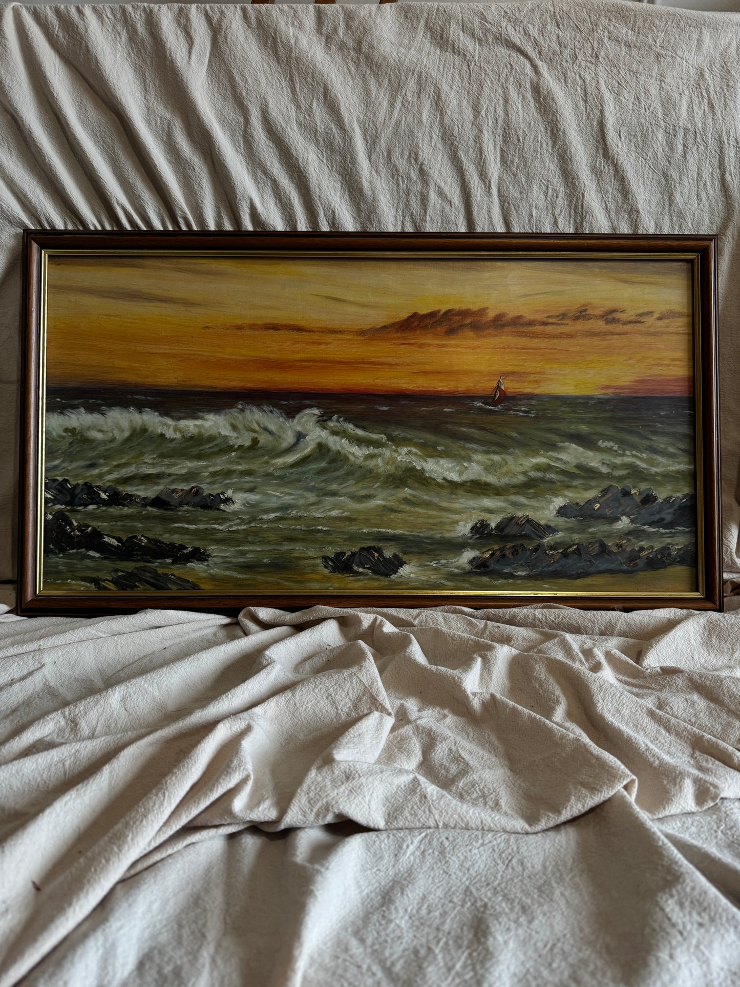 Vintage " Seascape with Rocks " Oil Painting by M.Howarth 1978