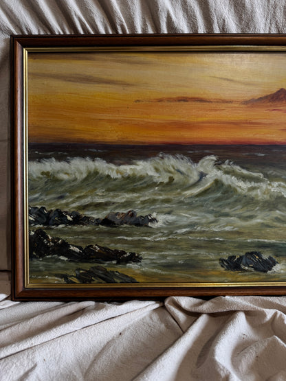 Vintage " Seascape with Rocks " Oil Painting by M.Howarth 1978
