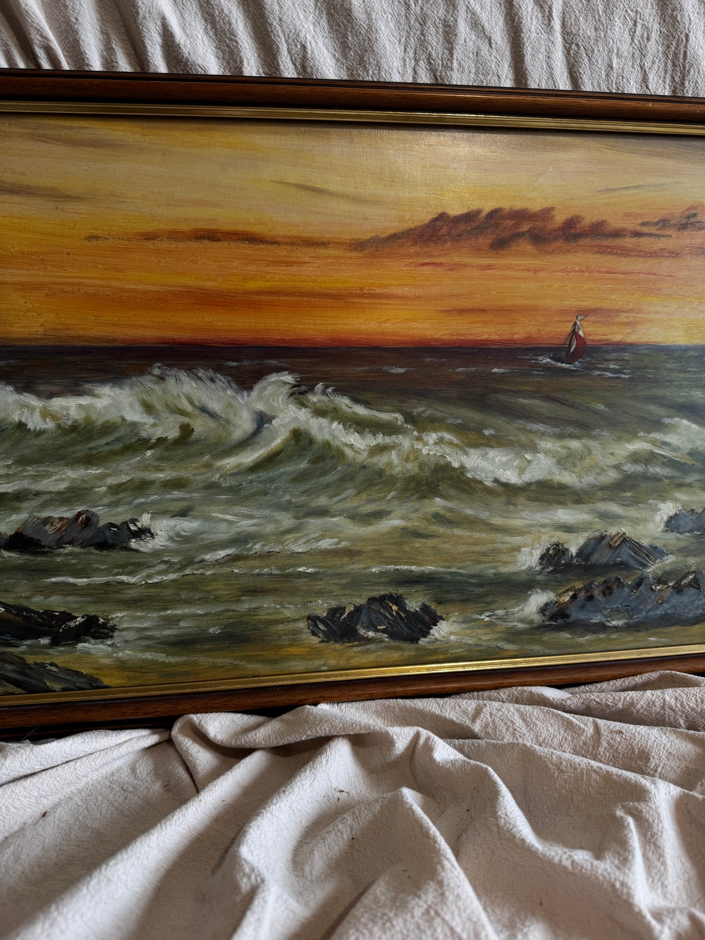 Vintage " Seascape with Rocks " Oil Painting by M.Howarth 1978