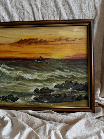 Vintage " Seascape with Rocks " Oil Painting by M.Howarth 1978