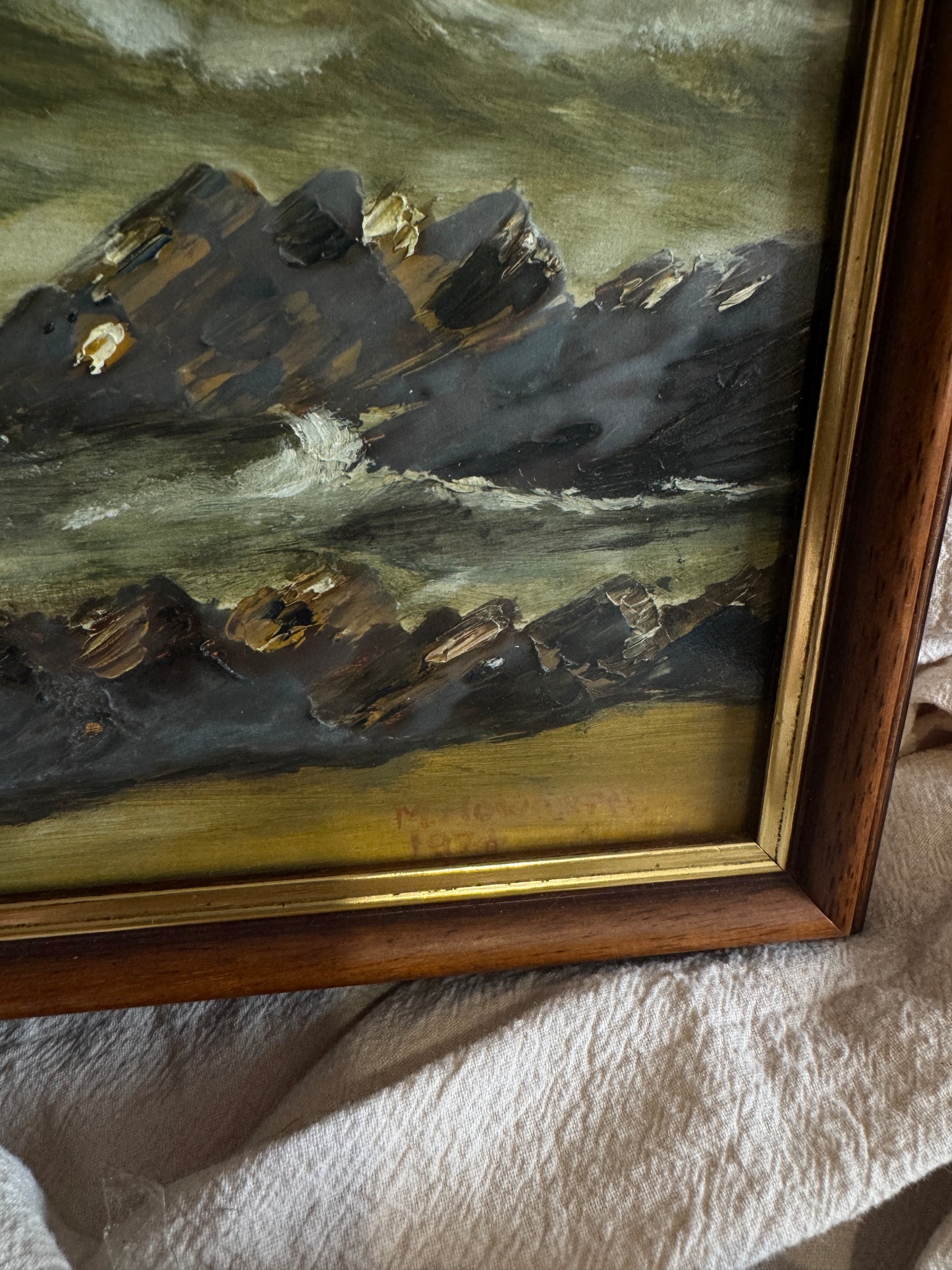 Vintage " Seascape with Rocks " Oil Painting by M.Howarth 1978
