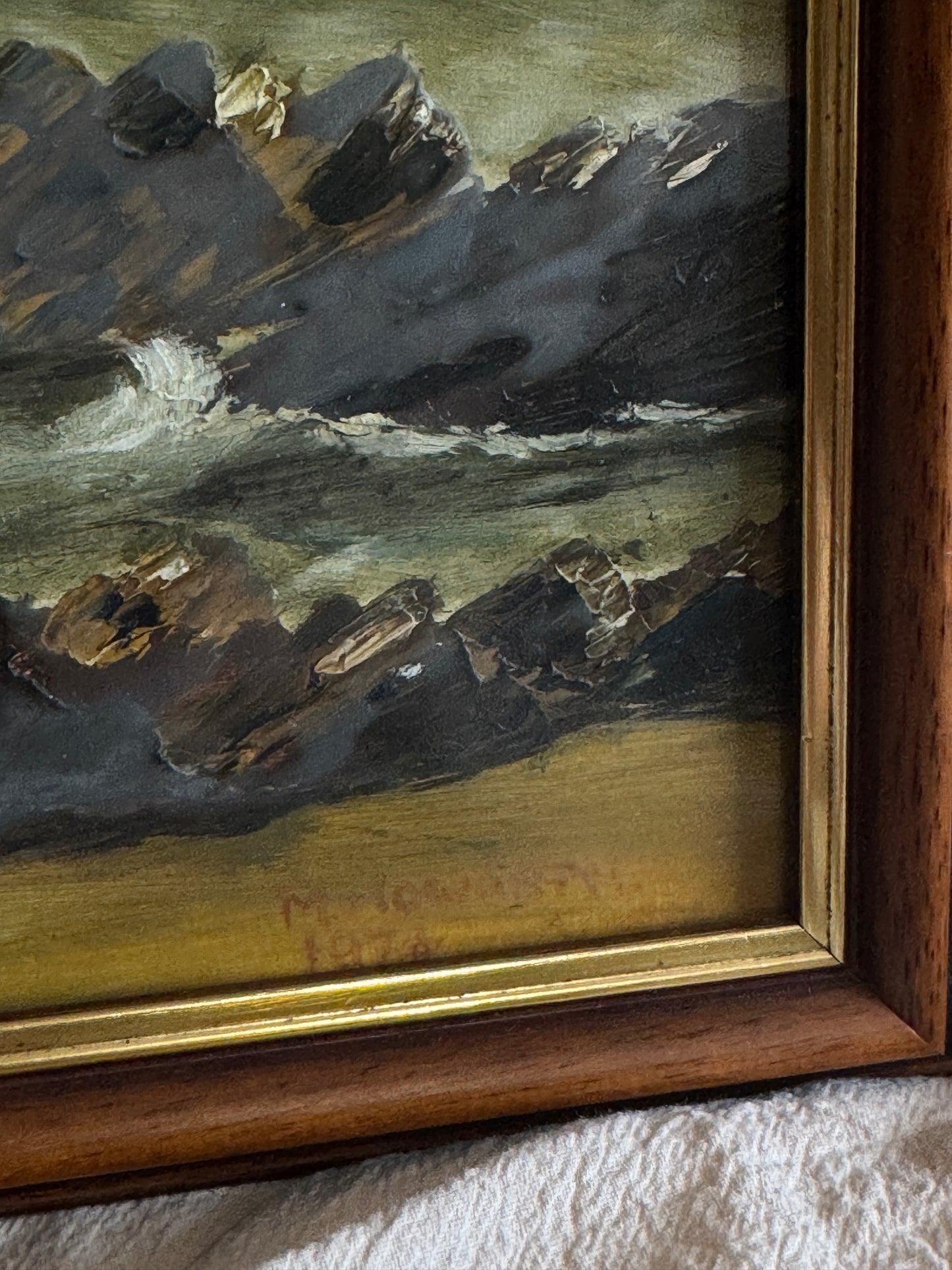 Vintage " Seascape with Rocks " Oil Painting by M.Howarth 1978