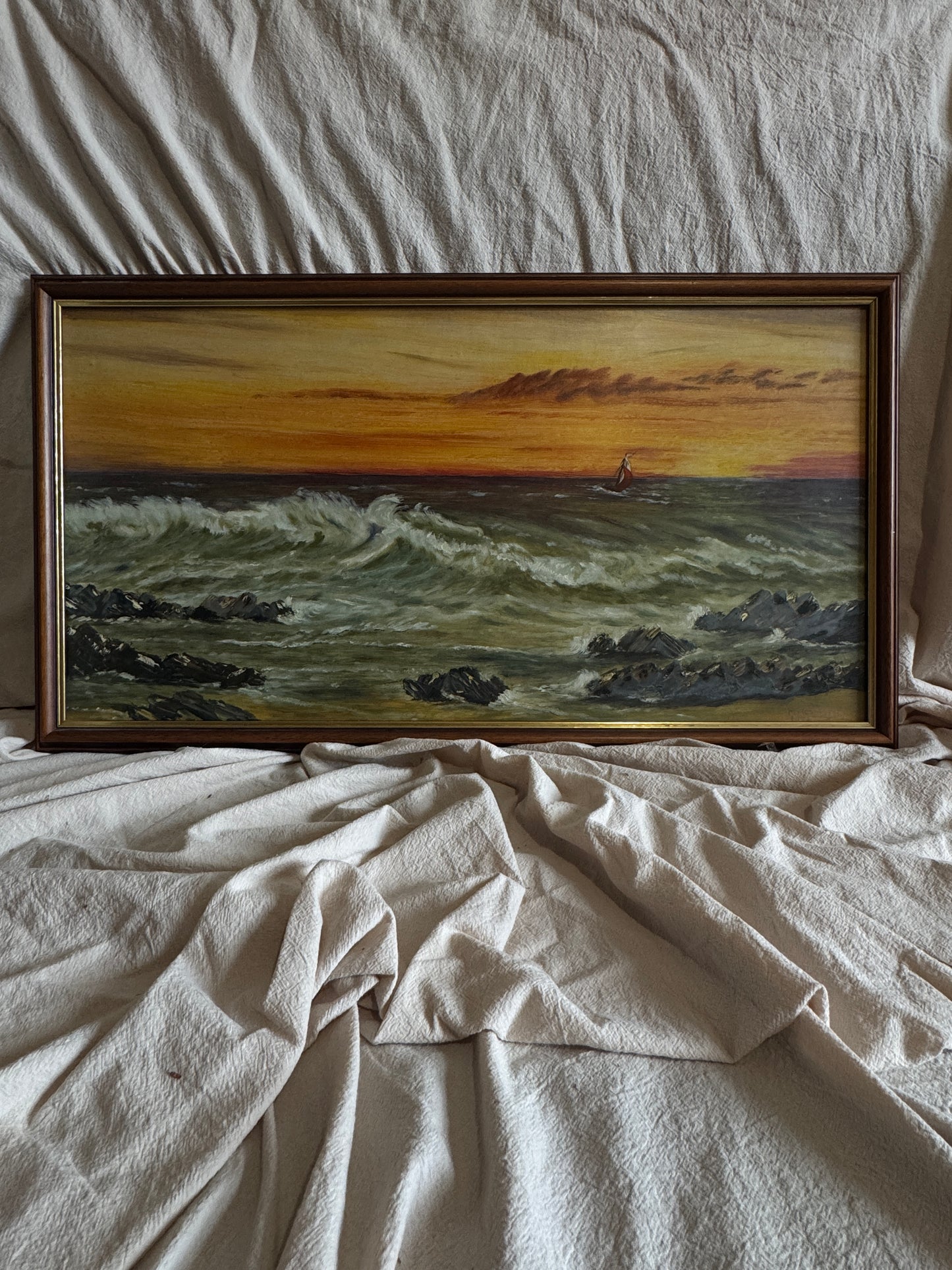 Vintage " Seascape with Rocks " Oil Painting by M.Howarth 1978
