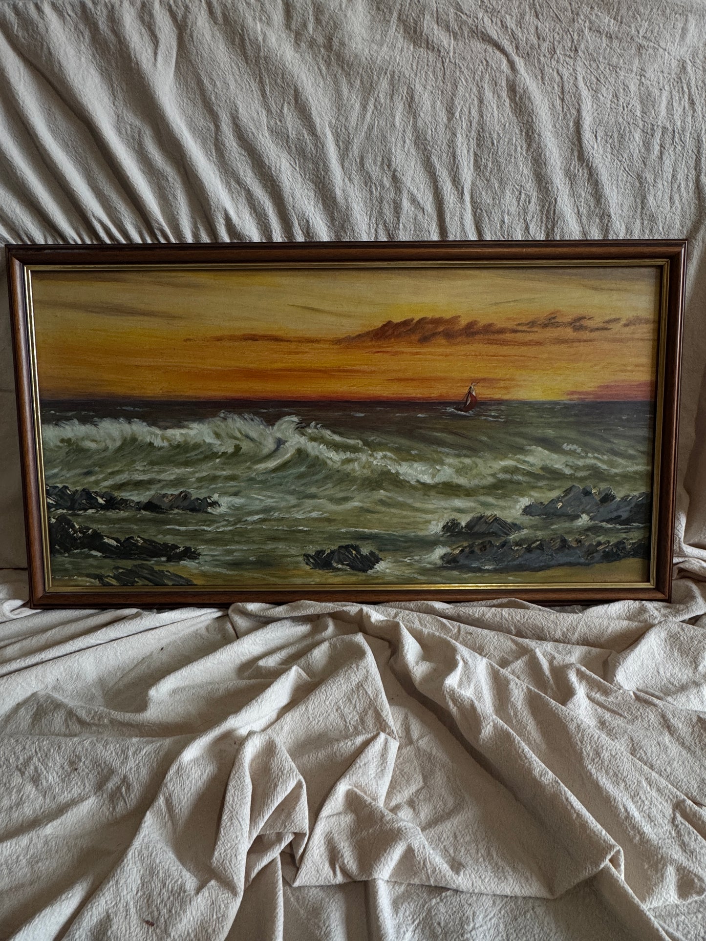 Vintage " Seascape with Rocks " Oil Painting by M.Howarth 1978