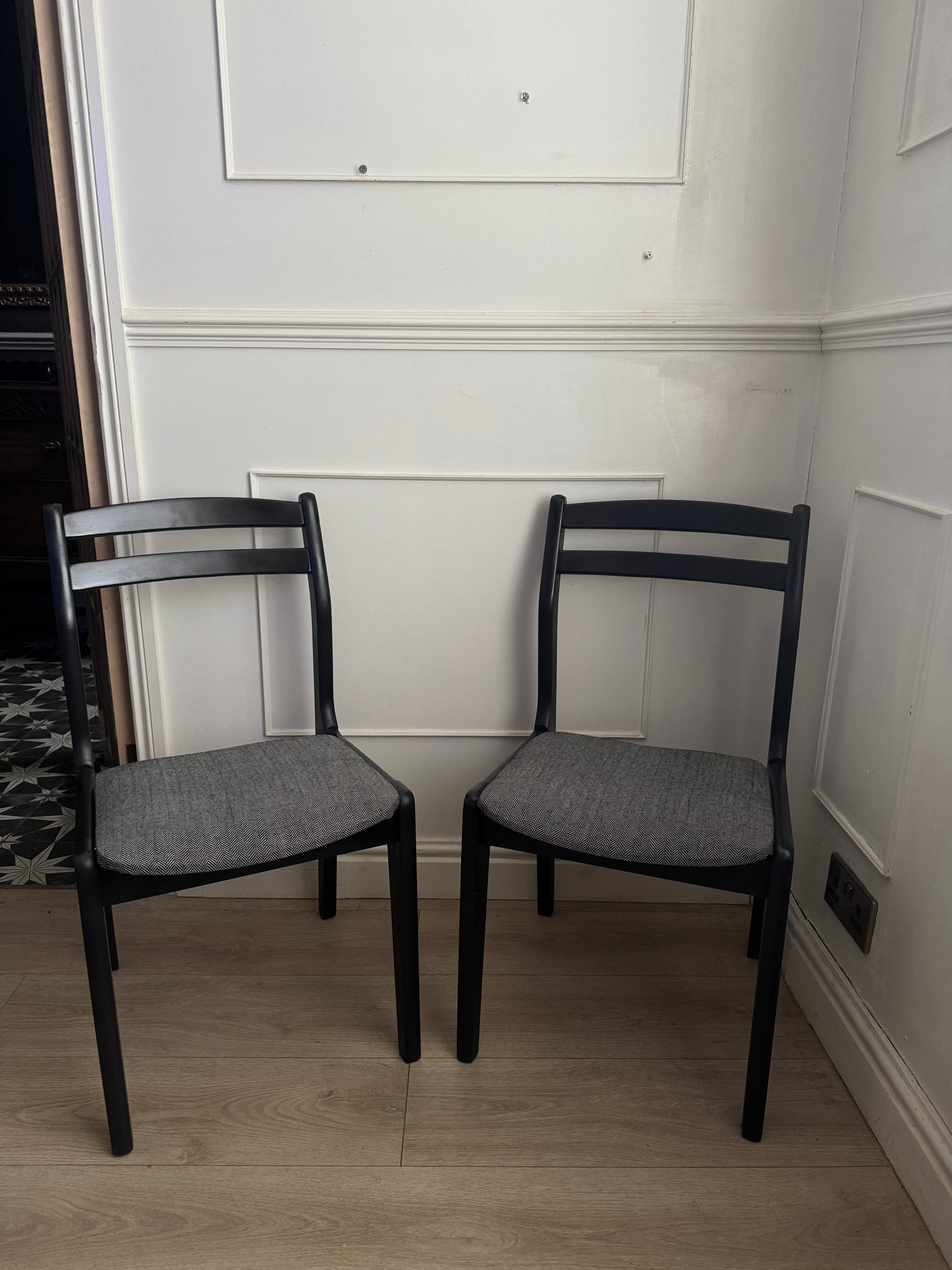 Mid-Century Retro Wooden Chairs (Pair) | Upcycled Black & Tweed Dining Chairs | Herringbone Upholstery