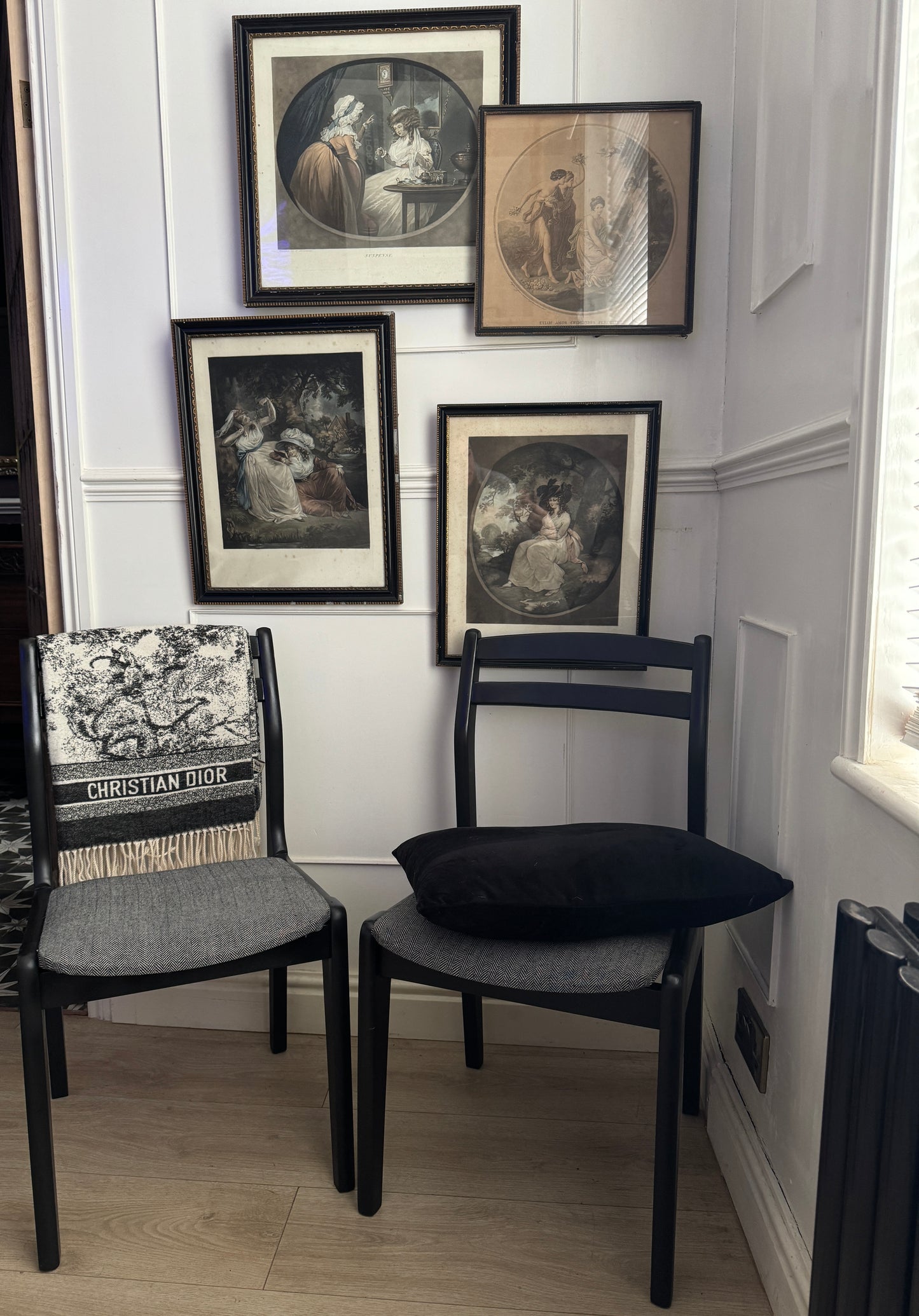 Mid-Century Retro Wooden Chairs (Pair) | Upcycled Black & Tweed Dining Chairs | Herringbone Upholstery