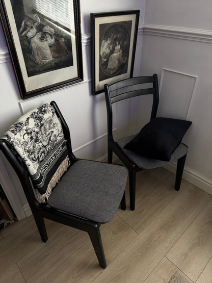 Mid-Century Retro Wooden Chairs (Pair) | Upcycled Black & Tweed Dining Chairs | Herringbone Upholstery