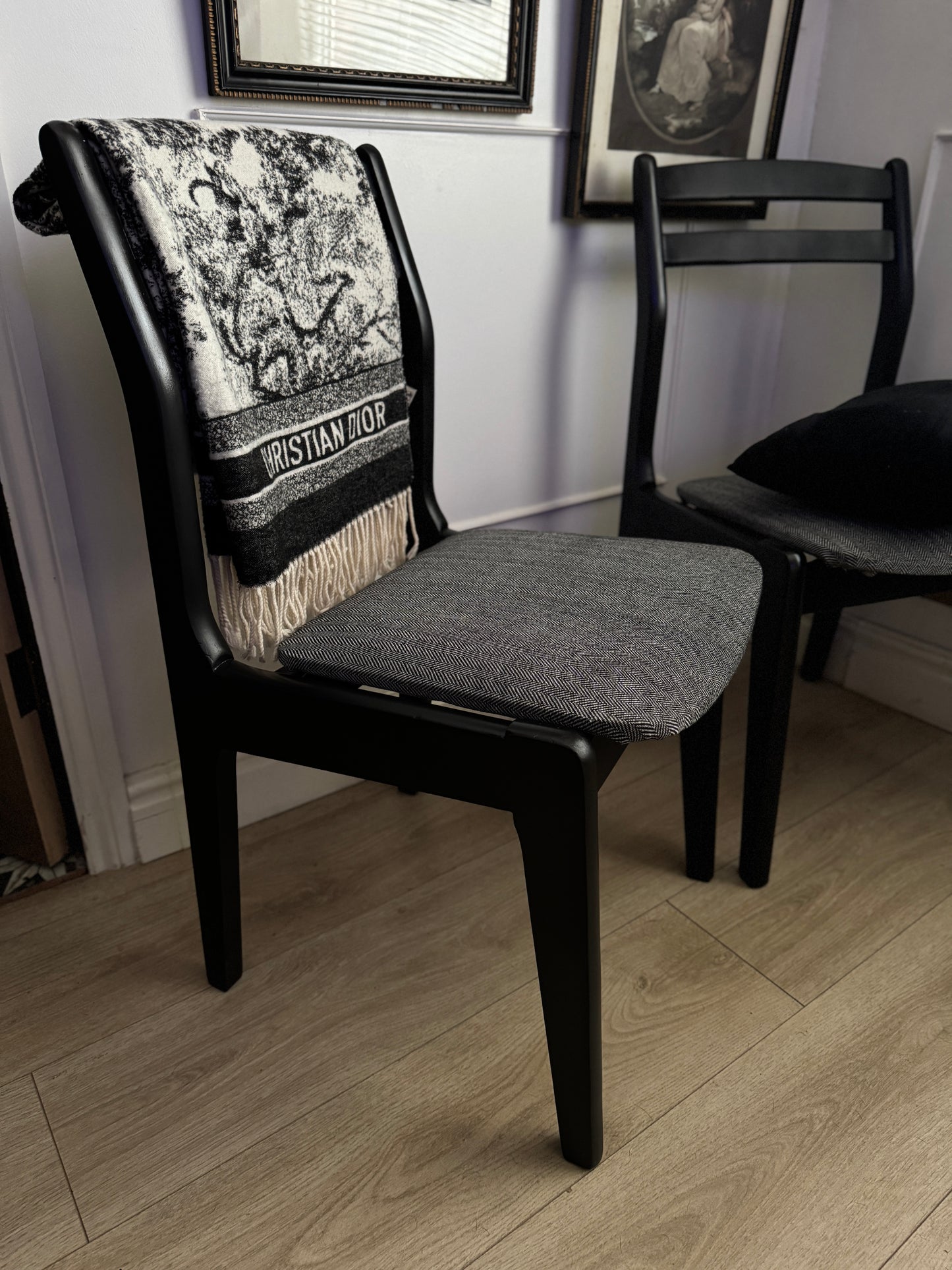 Mid-Century Retro Wooden Chairs (Pair) | Upcycled Black & Tweed Dining Chairs | Herringbone Upholstery