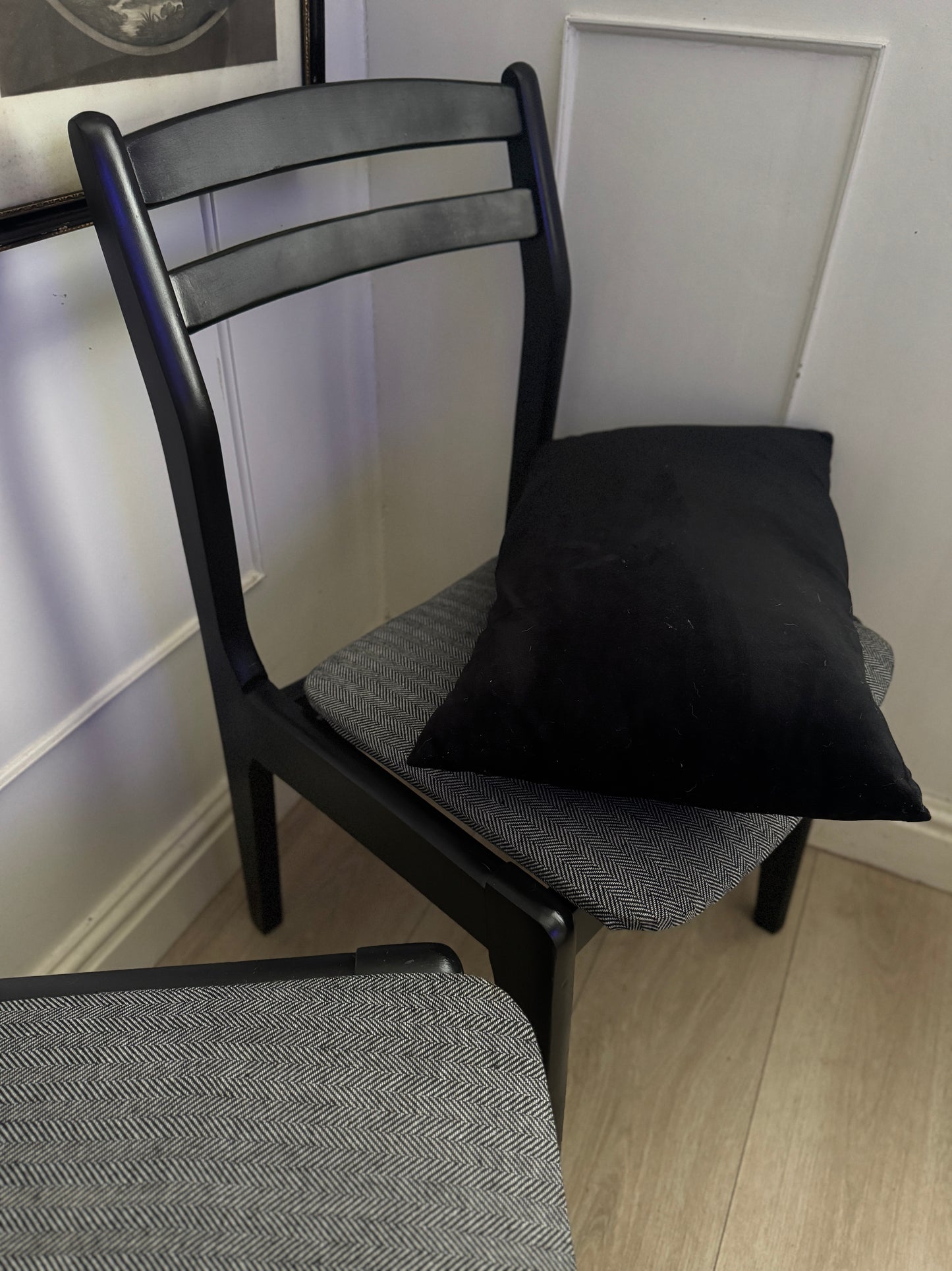 Mid-Century Retro Wooden Chairs (Pair) | Upcycled Black & Tweed Dining Chairs | Herringbone Upholstery