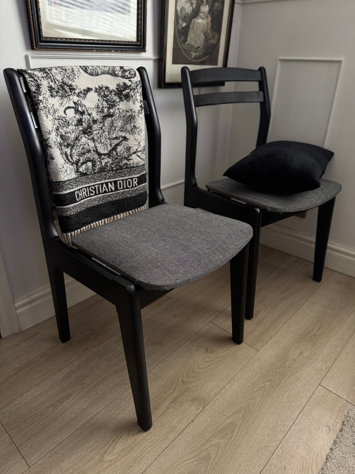 Mid-Century Retro Wooden Chairs (Pair) | Upcycled Black & Tweed Dining Chairs | Herringbone Upholstery