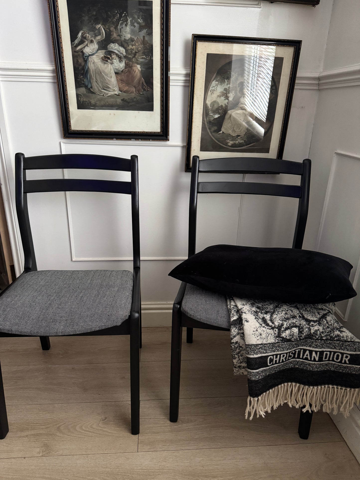 Mid-Century Retro Wooden Chairs (Pair) | Upcycled Black & Tweed Dining Chairs | Herringbone Upholstery
