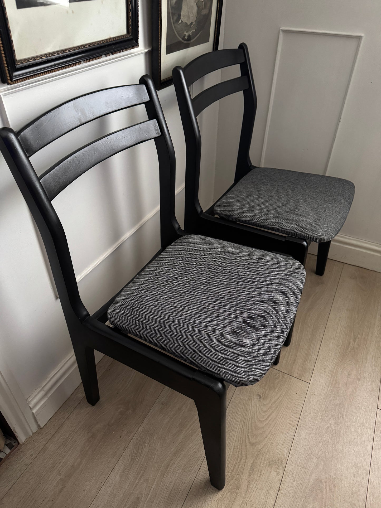 Mid-Century Retro Wooden Chairs (Pair) | Upcycled Black & Tweed Dining Chairs | Herringbone Upholstery