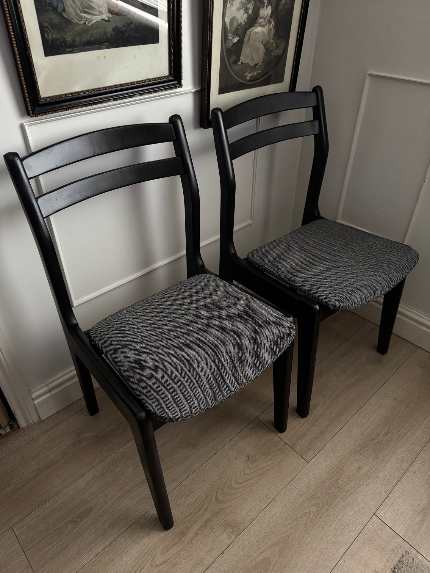 Mid-Century Retro Wooden Chairs (Pair) | Upcycled Black & Tweed Dining Chairs | Herringbone Upholstery
