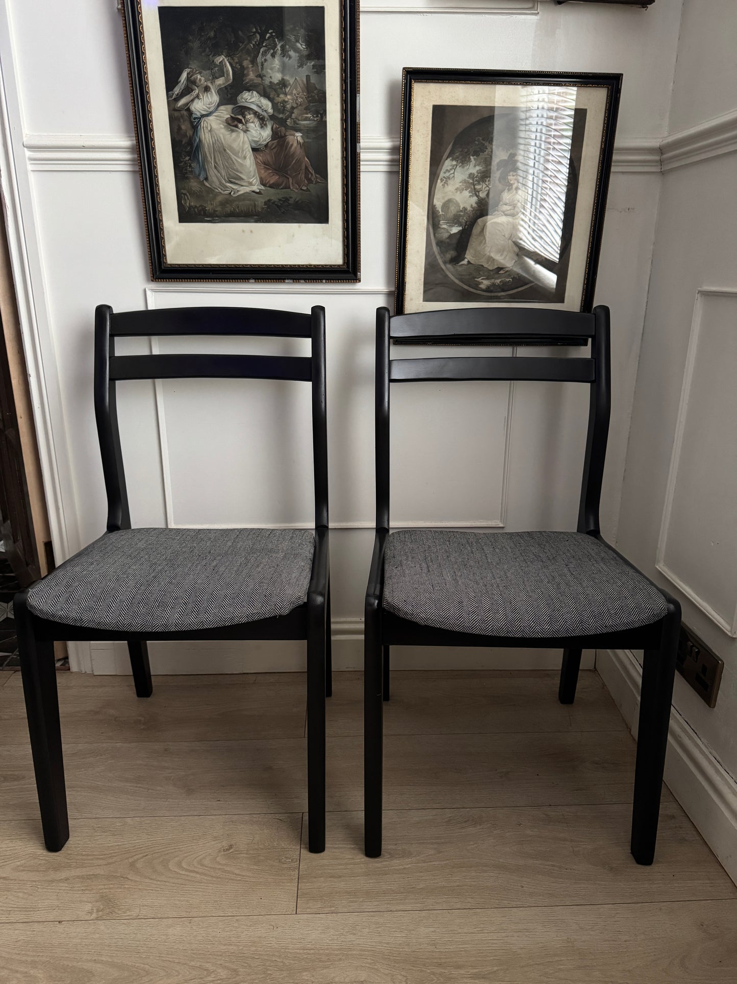 Mid-Century Retro Wooden Chairs (Pair) | Upcycled Black & Tweed Dining Chairs | Herringbone Upholstery