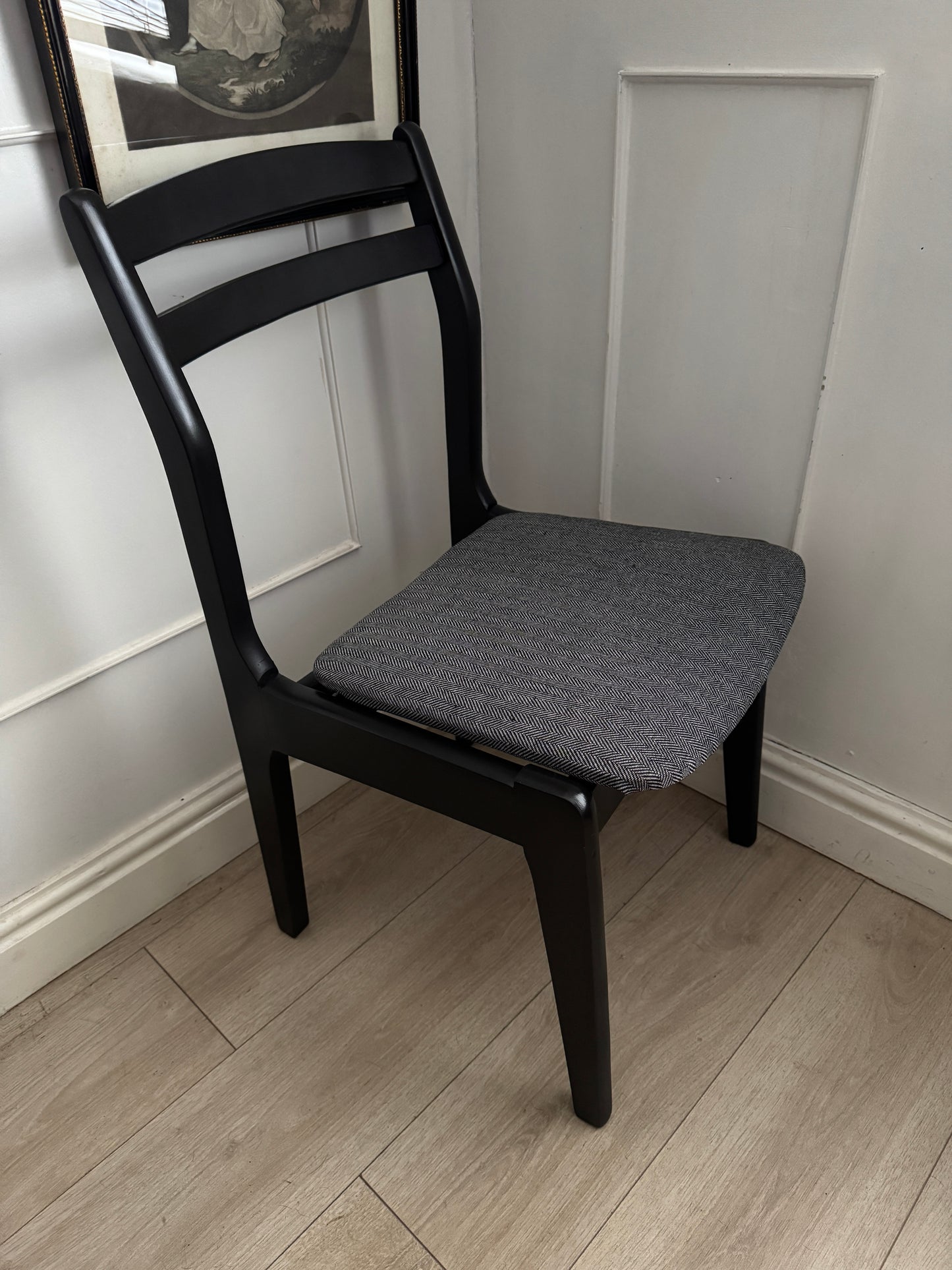Mid-Century Retro Wooden Chairs (Pair) | Upcycled Black & Tweed Dining Chairs | Herringbone Upholstery