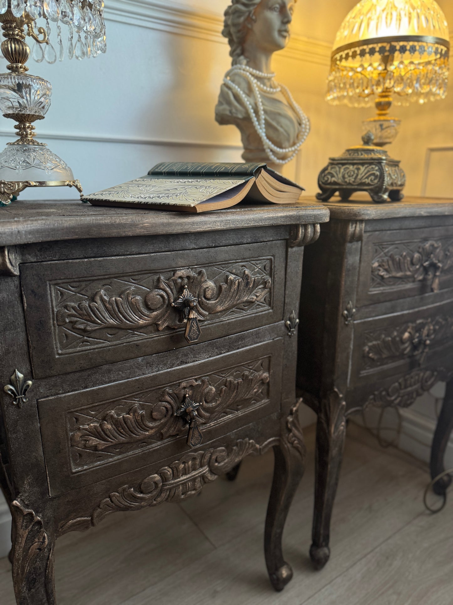 Vintage French Ornate Style Bedside Tables – Gold & Brown | Distressed Upcycled Nightstands