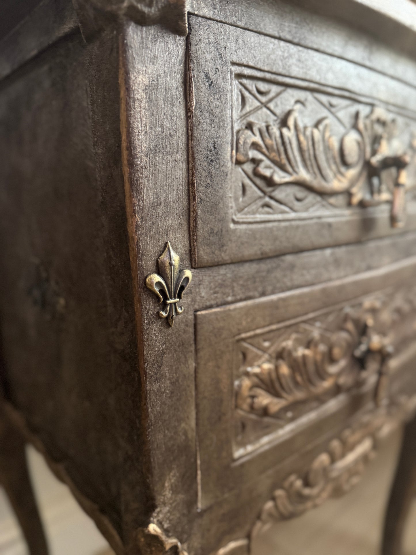 Vintage French Ornate Style Bedside Tables – Gold & Brown | Distressed Upcycled Nightstands