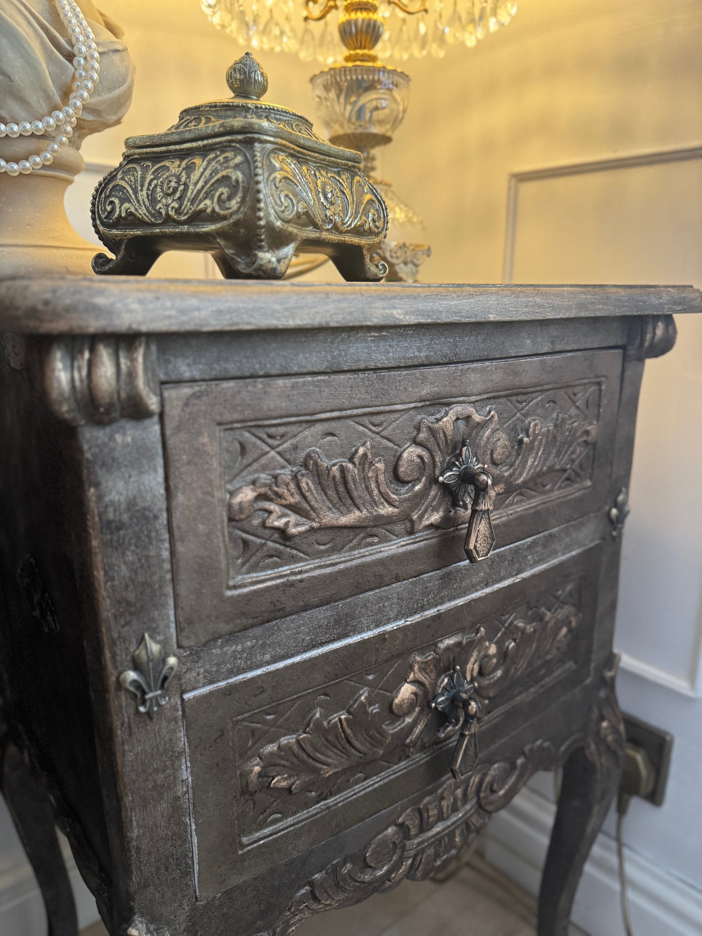 Vintage French Ornate Style Bedside Tables – Gold & Brown | Distressed Upcycled Nightstands