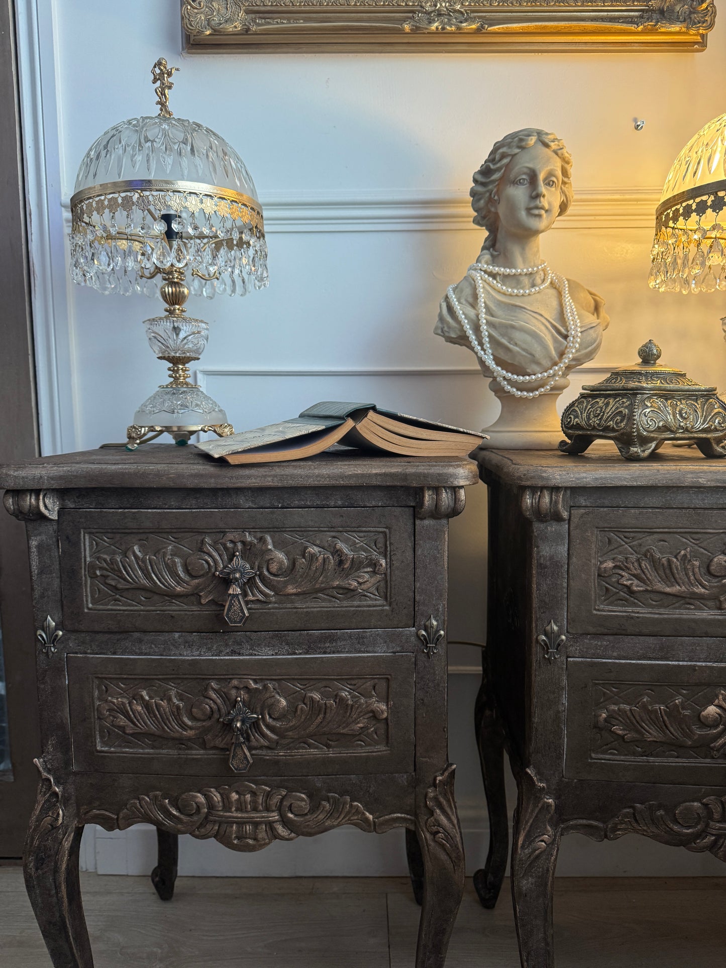 Vintage French Ornate Style Bedside Tables – Gold & Brown | Distressed Upcycled Nightstands